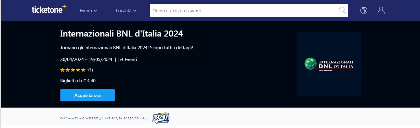 ticketone - tennis internazionali Roma 2024